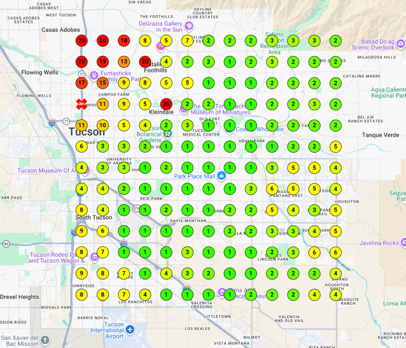 Local rank grid showing Arizona Chiropractic and Spine Rehabilitation ranking in the top 3 for injury chiropractor near me across the Tucson metro within two months of launch